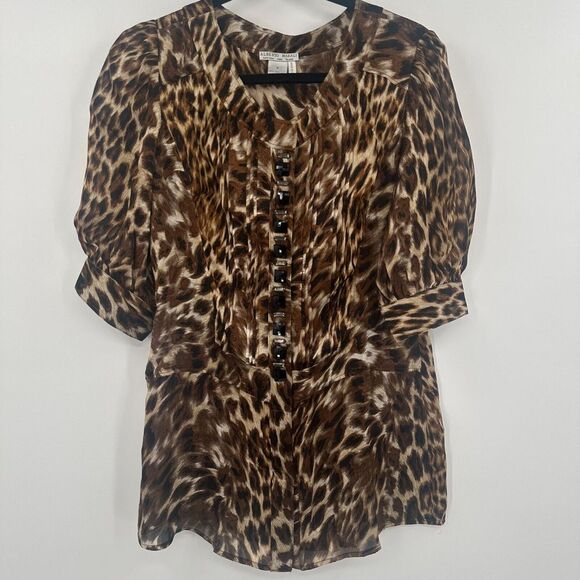 Alberto Makali Tops - Alberto Makali Tunic Top Womens M Multi Animal Print Sequin Placket Button Front